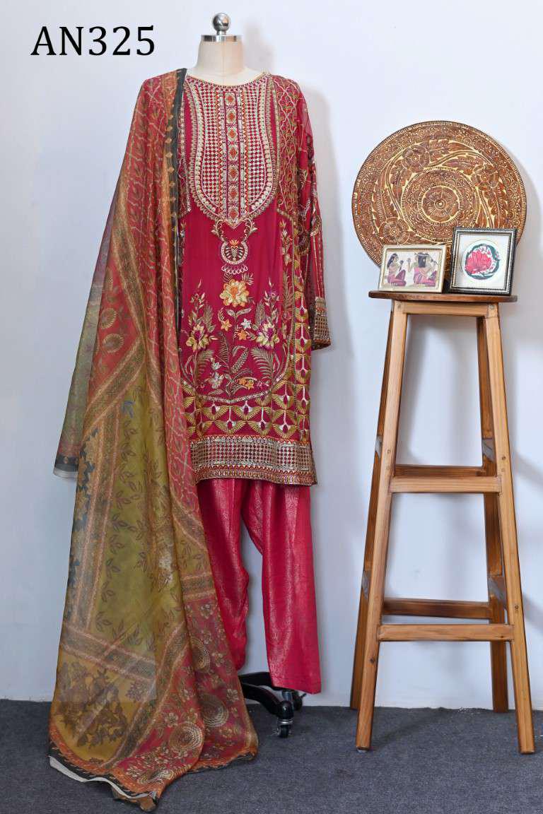 AN325 Embroidered Chiffon Shirt with Printed Jamawar Trouser.