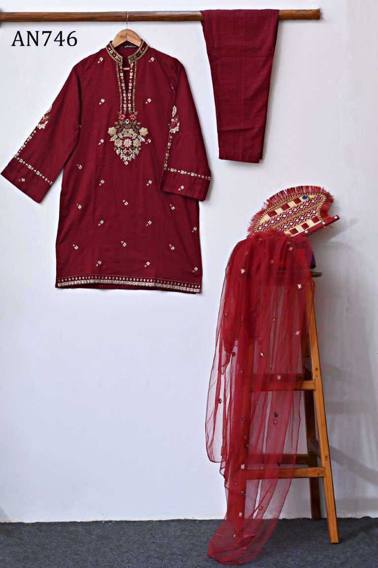 AN746 Embroidered Khaddar Shirt with Plane Khaddar Trouser