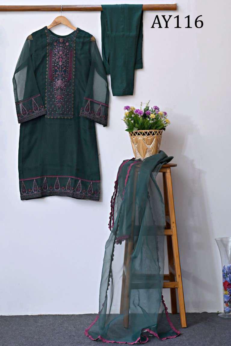 AY116 Embroidered Organza Shirt with Plane PK Raw Silk Trouser.