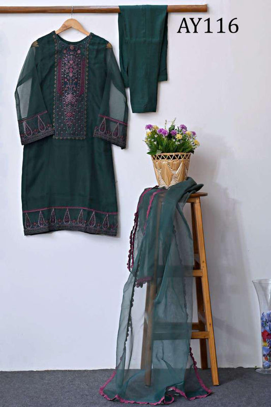 AY116 Embroidered Organza Shirt with Plane PK Raw Silk Trouser.