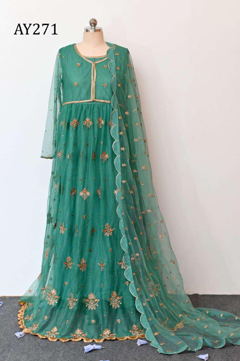 AY271 Embroidered Net Frock with Plane Pk Raw Silk Trouser