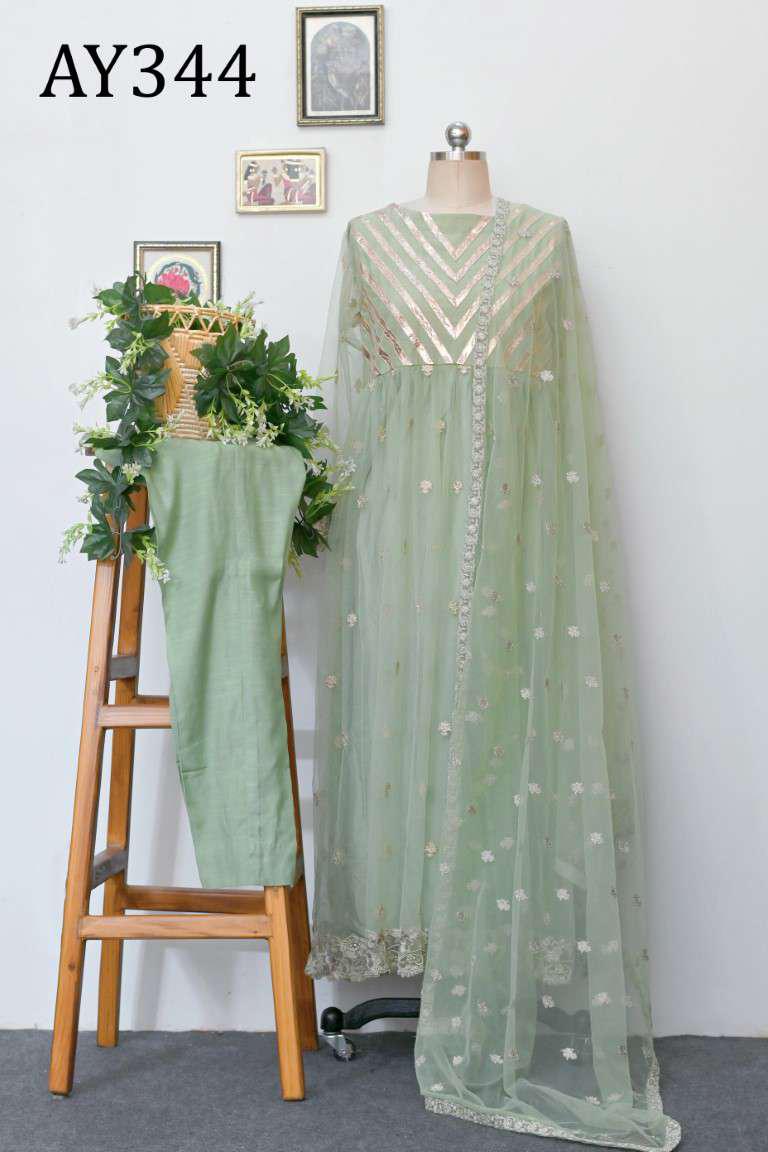 AY334 Embroidered Net Frock with Plane PK Raw Silk Trouser.