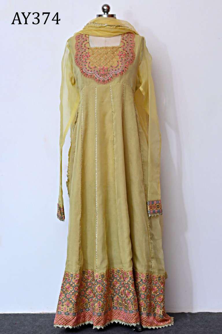 AY374 Yellow Embroidered Organza Fock with Raw Silk Trouser