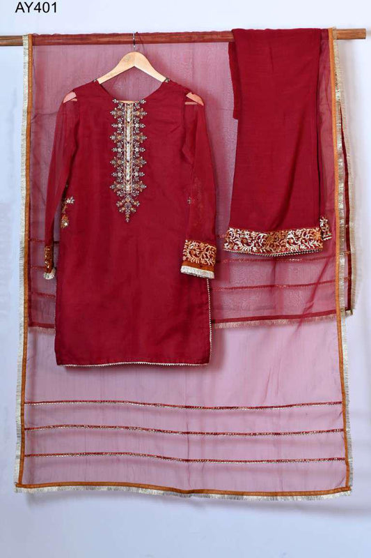 AY401 Embroidered Organza Shirt with Embroidered PK Raw Silk Trouser.