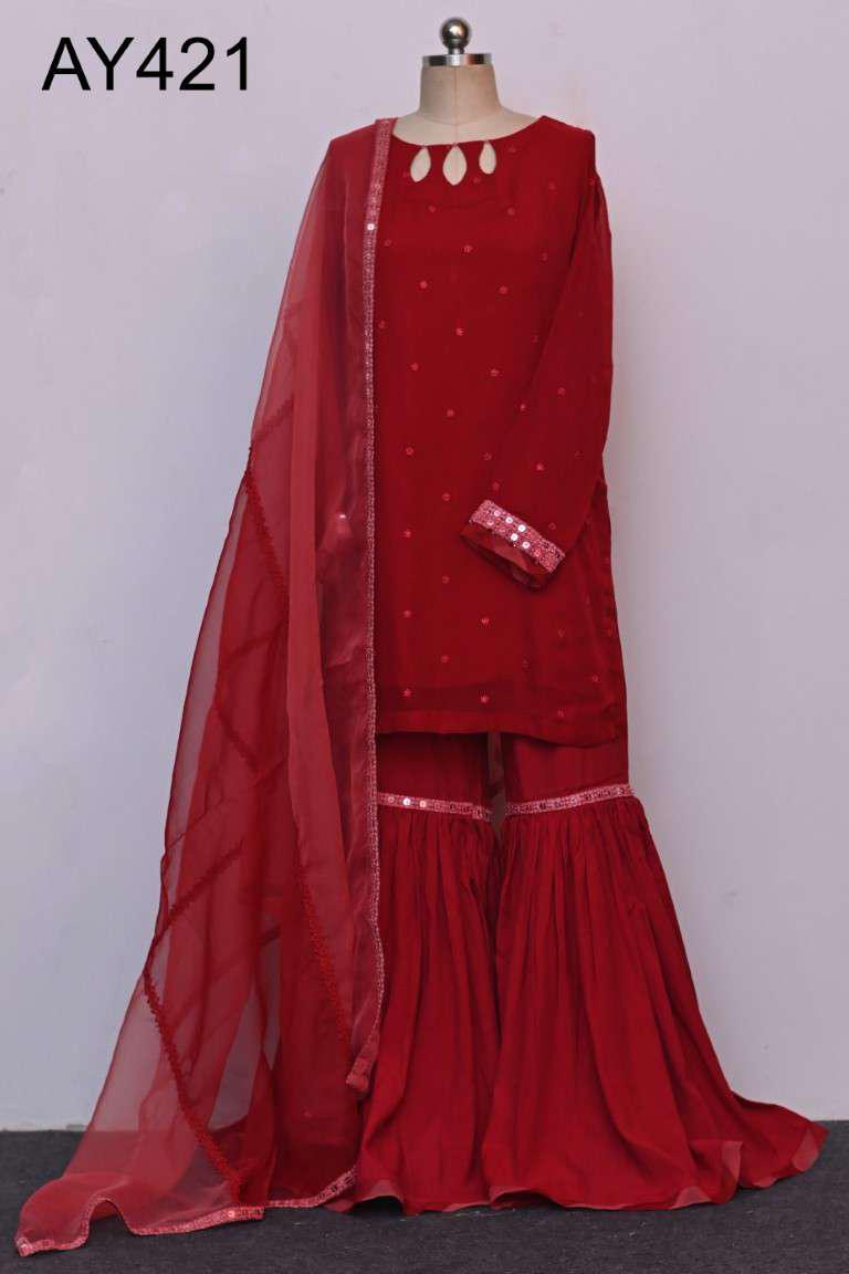 AY421 Red Dress (Chiffon Shirt with Raw Silk Touser)