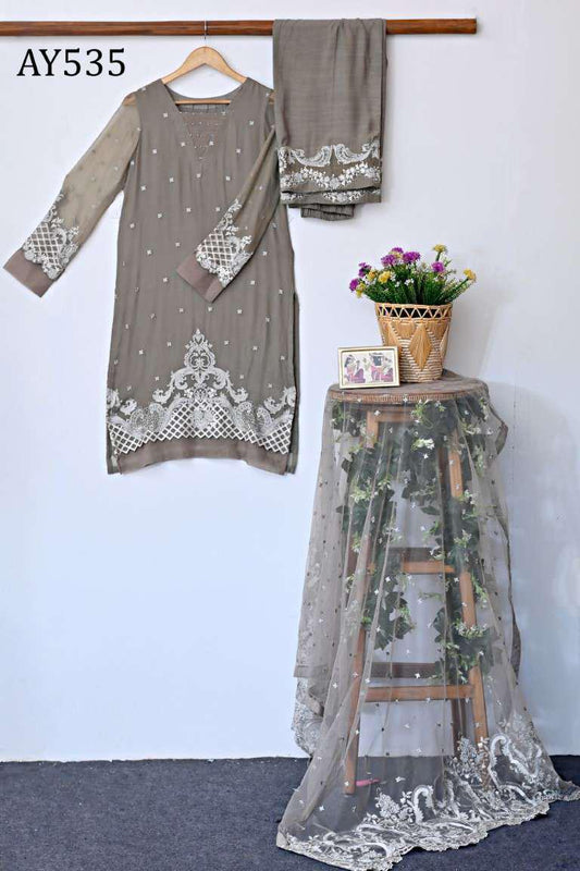 AY535 Embroidered Chiffon Shirt with Embellished PK Raw Silk Trouser.