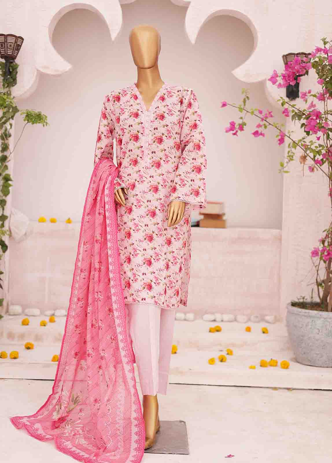 3 Piece Printed Pink Color with flower Lawn Stitched Suit with Printed Dupatta and Plain Trouser.