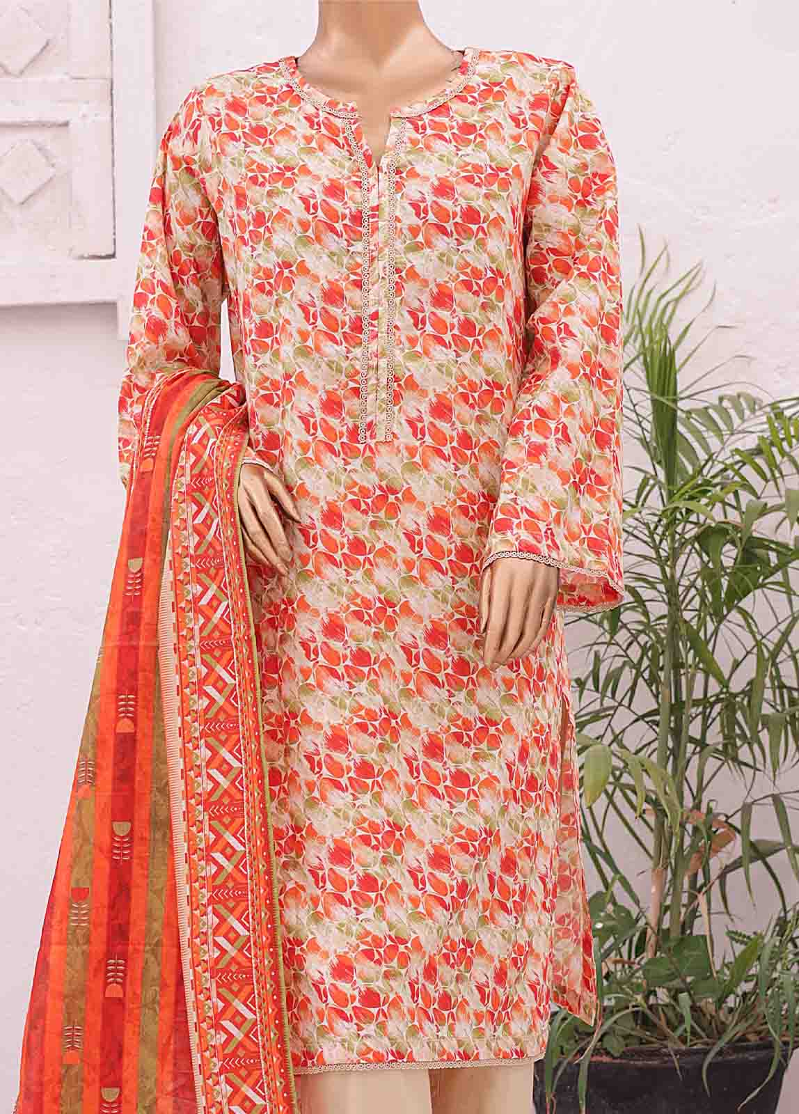 3 Piece Printed Multi Color Lawn Stitched Suit with Printed Lawn Dupatta and Plain Trouser.