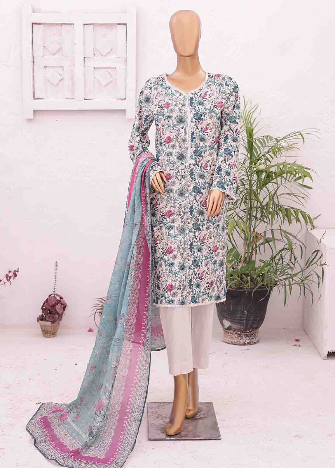 3 Piece Printed White Multi Color Lawn Stitched Suit with Printed Lawn Dupatta and Plain Trouser.