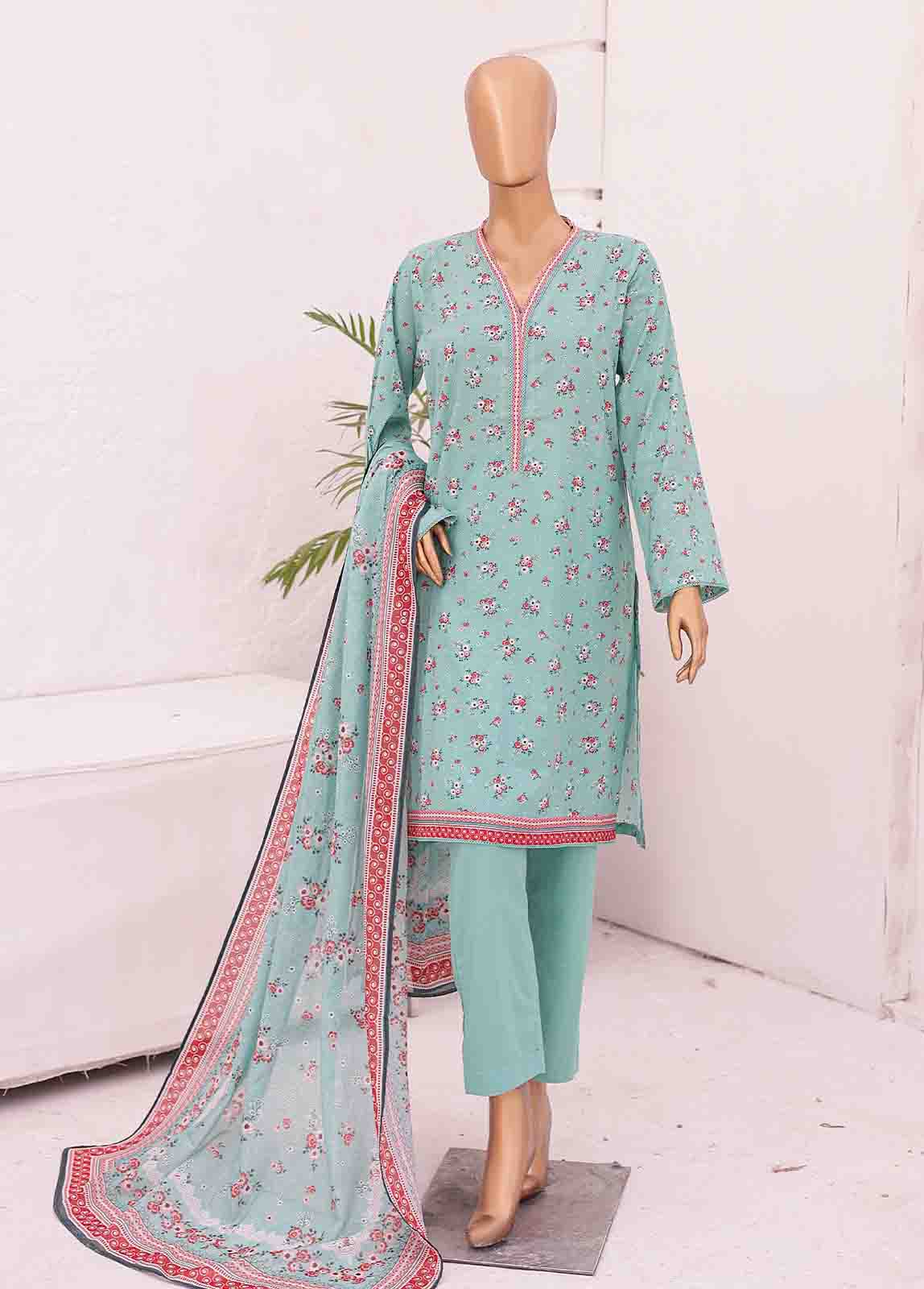 3 Piece Printed Aqua Blue Color Lawn Stitched Suit with Printed Lawn Dupatta and Plain Trouser.