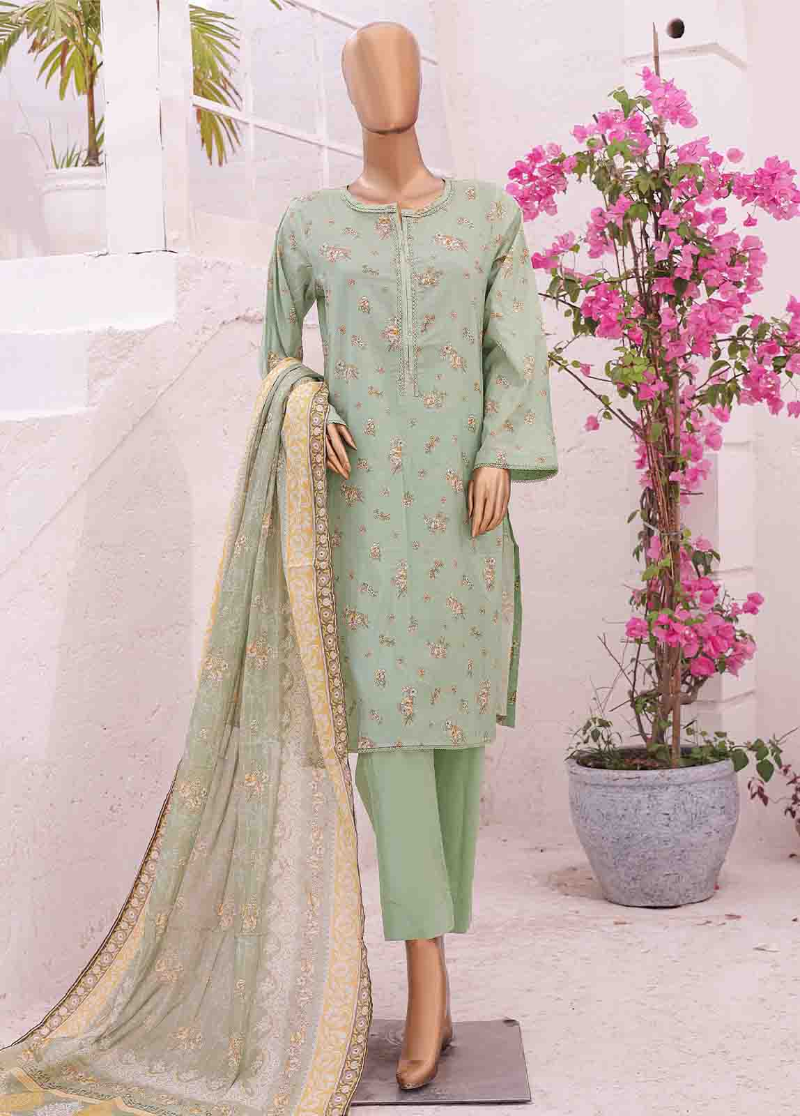 3 Piece Printed Pastel Green Color Lawn Stitched Suit with Printed Lawn Dupatta and Plain Trouser.