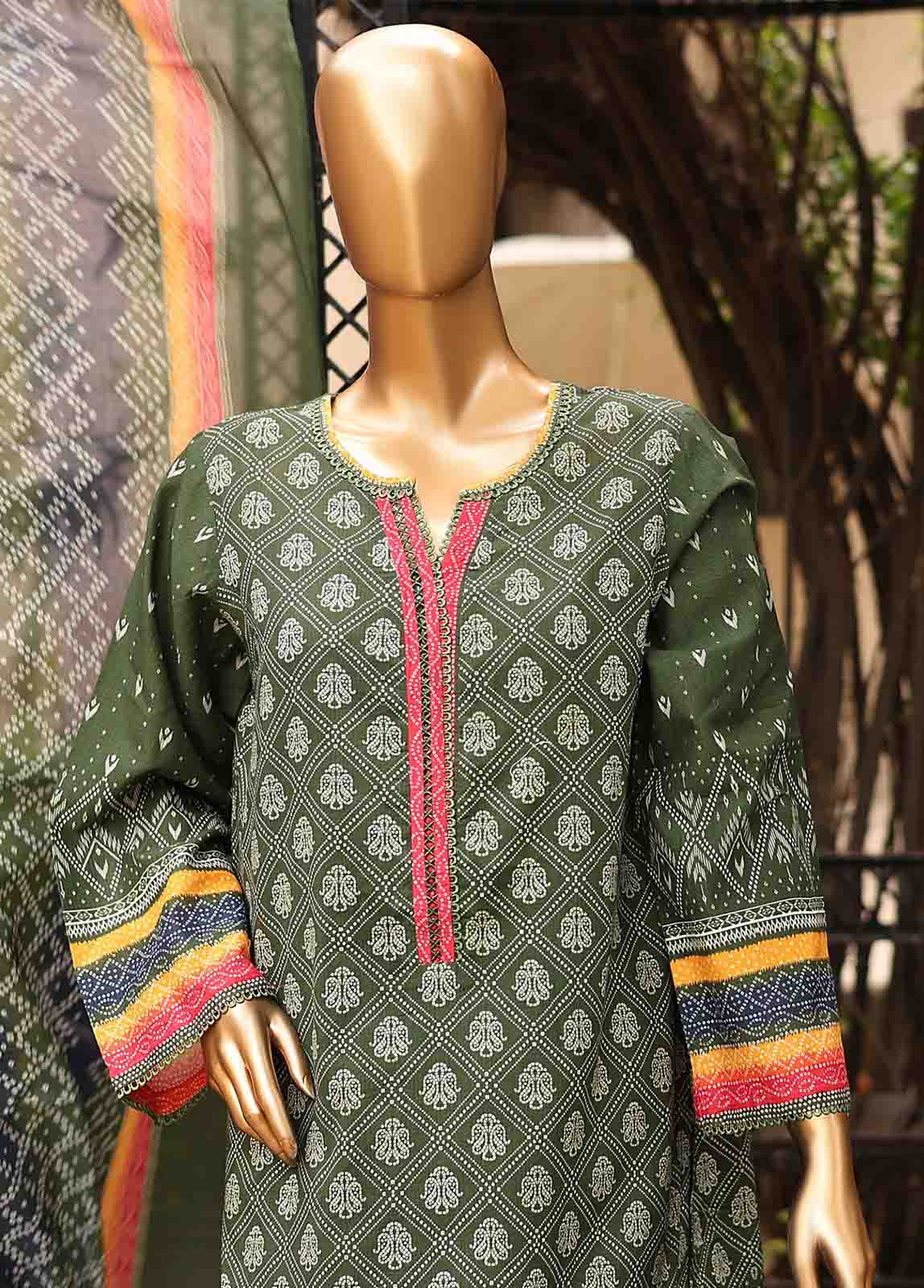 3 Piece Printed Moss Green Color Lawn Stitched Suit with Printed Dupatta and Plain Trouser.