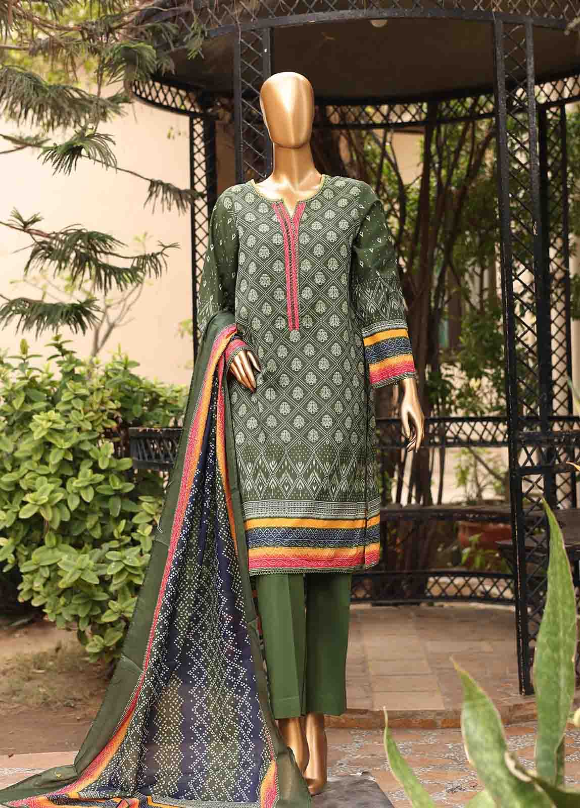 3 Piece Printed Moss Green Color Lawn Stitched Suit with Printed Dupatta and Plain Trouser.