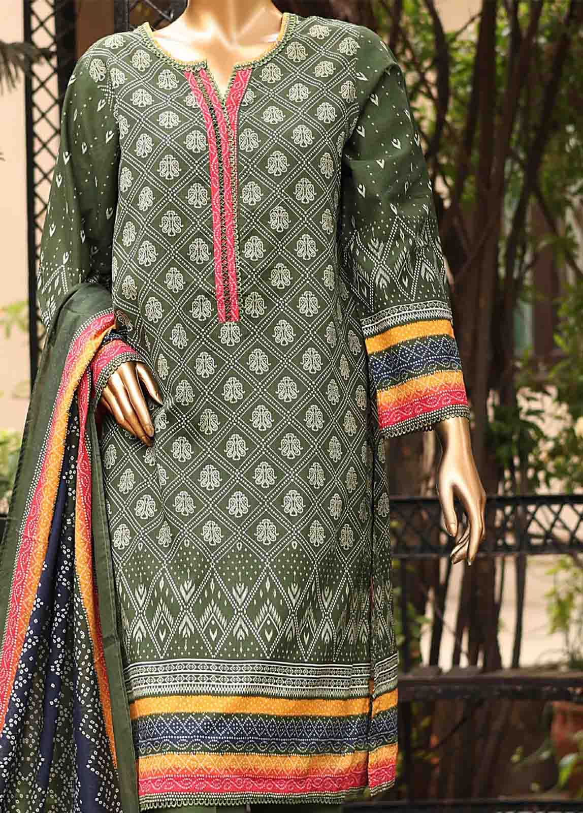 3 Piece Printed Moss Green Color Lawn Stitched Suit with Printed Dupatta and Plain Trouser.