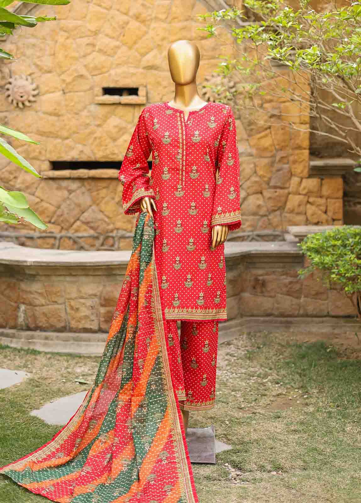 3 Piece Printed Red Color Lawn Stitched Suit with Printed Dupatta and Printed Trouser.