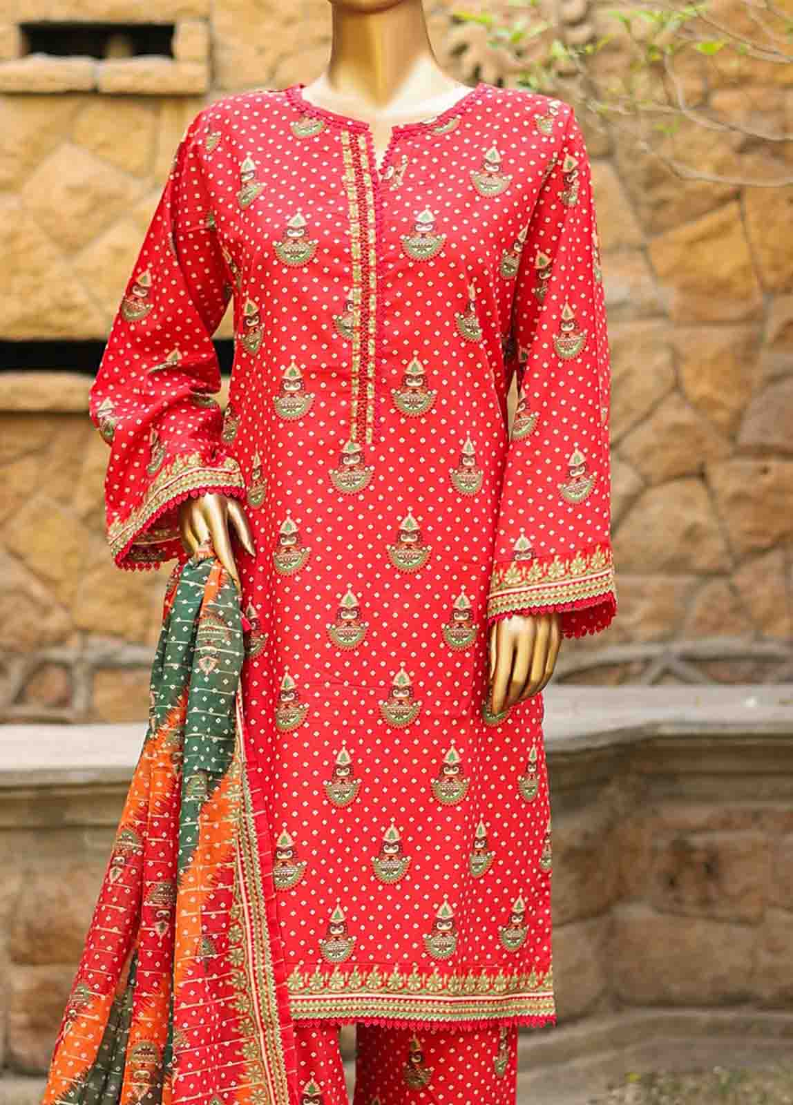 3 Piece Printed Red Color Lawn Stitched Suit with Printed Dupatta and Printed Trouser.