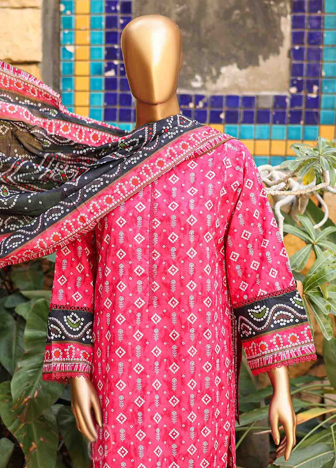 3 Piece Printed Pink Color Lawn Stitched Suit with Printed Dupatta and Plain Trouser.