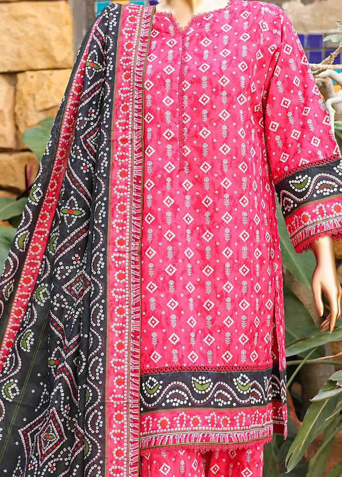 3 Piece Printed Pink Color Lawn Stitched Suit with Printed Dupatta and Plain Trouser.