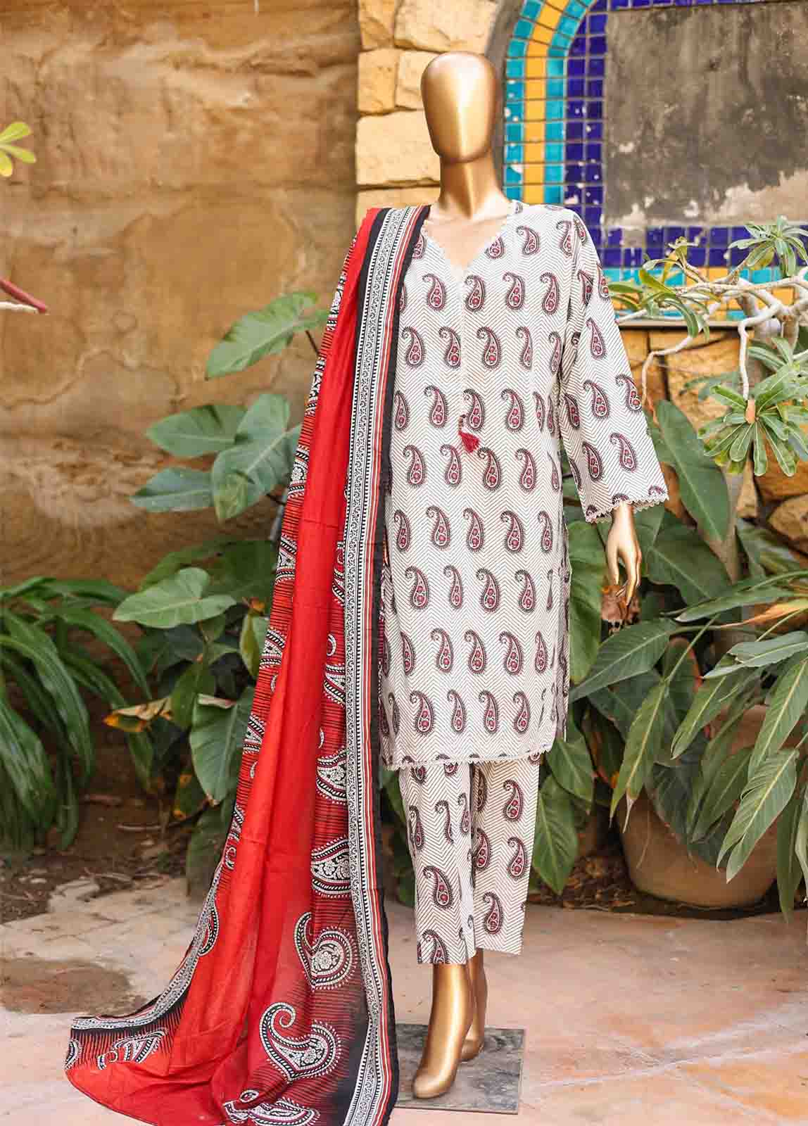 3 Piece Printed Ivory & Red Color Lawn Stitched Suit with Printed Dupatta and Printed Trouser.