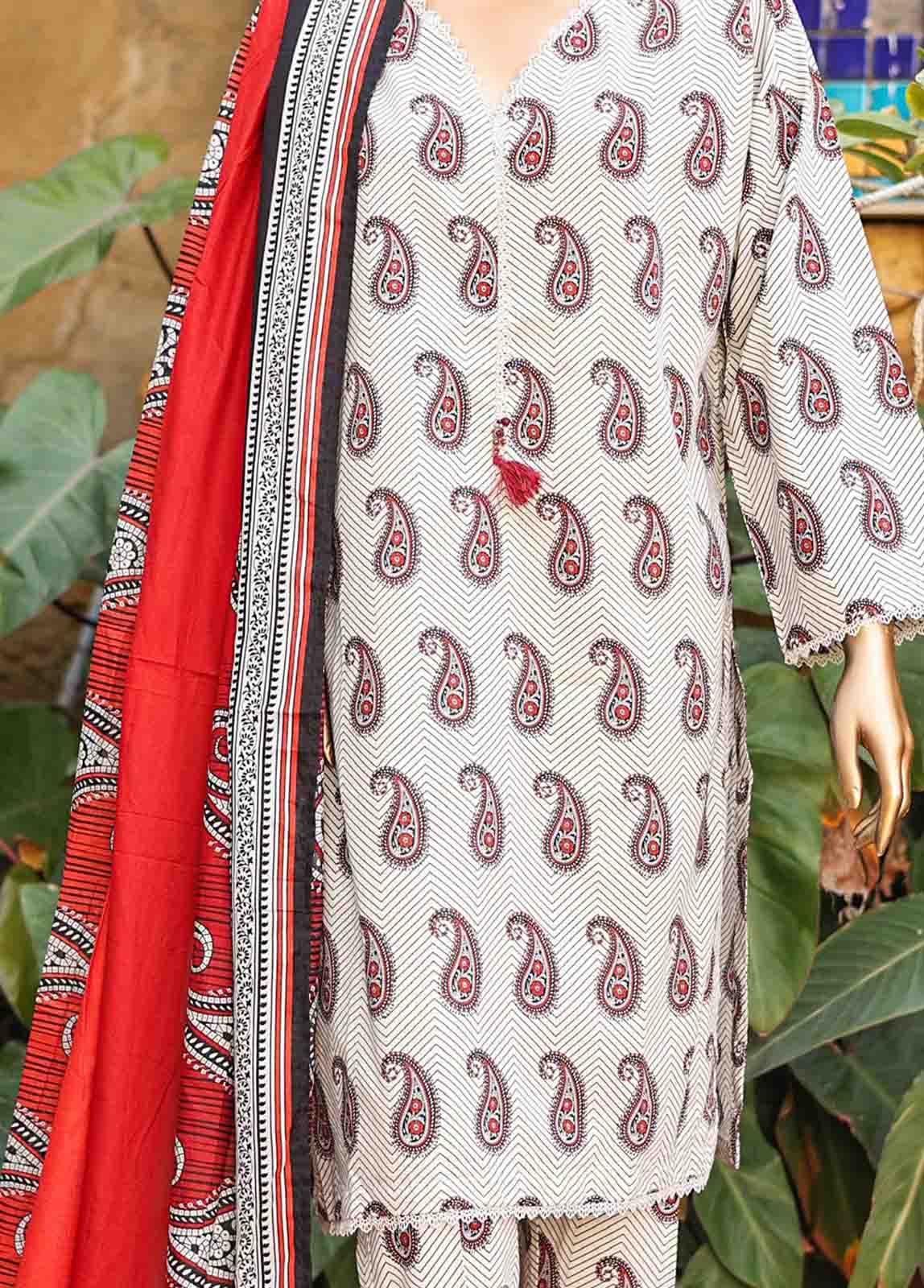 3 Piece Printed Ivory & Red Color Lawn Stitched Suit with Printed Dupatta and Printed Trouser.