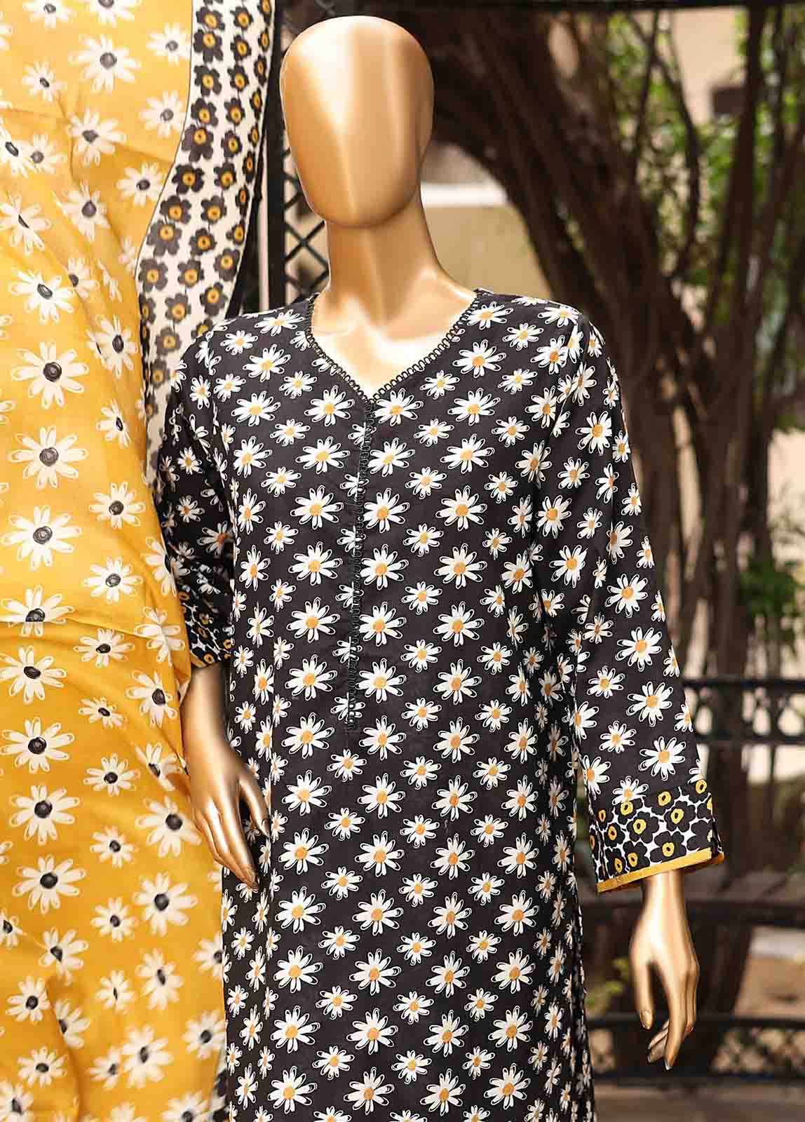 3 Piece Printed Black & White Color Lawn Stitched Suit with Printed Dupatta and Printed Trouser.