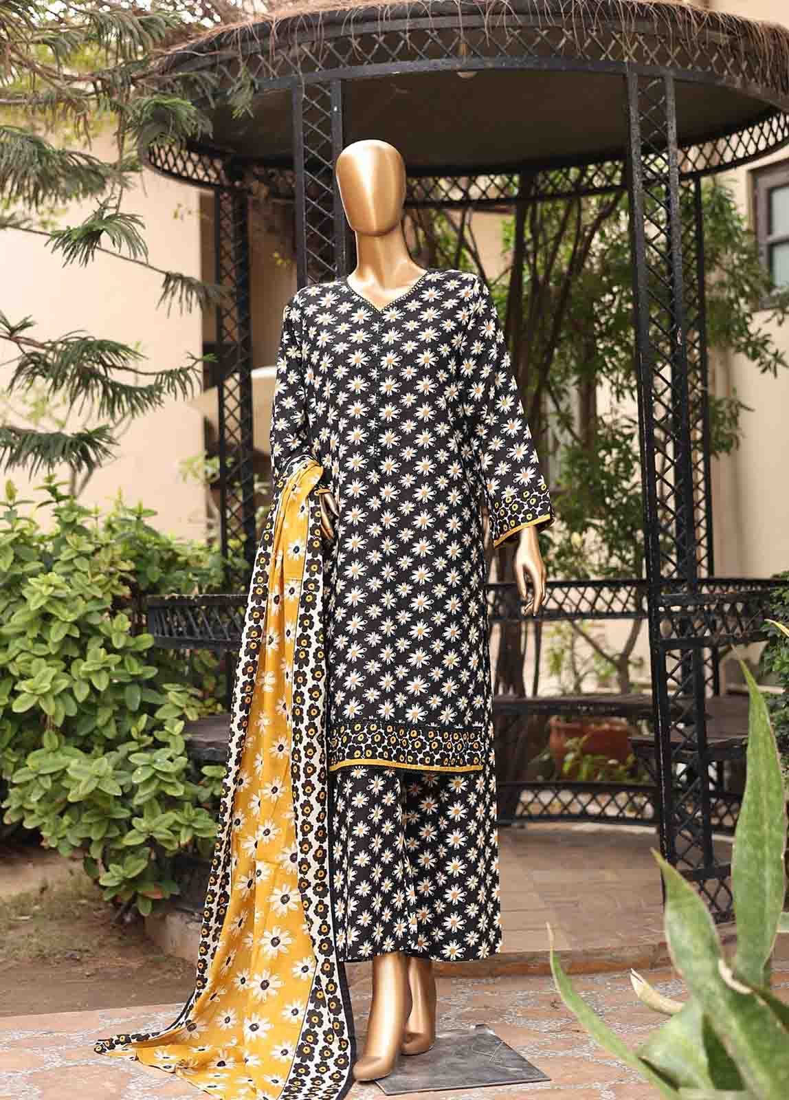 3 Piece Printed Black & White Color Lawn Stitched Suit with Printed Dupatta and Printed Trouser.