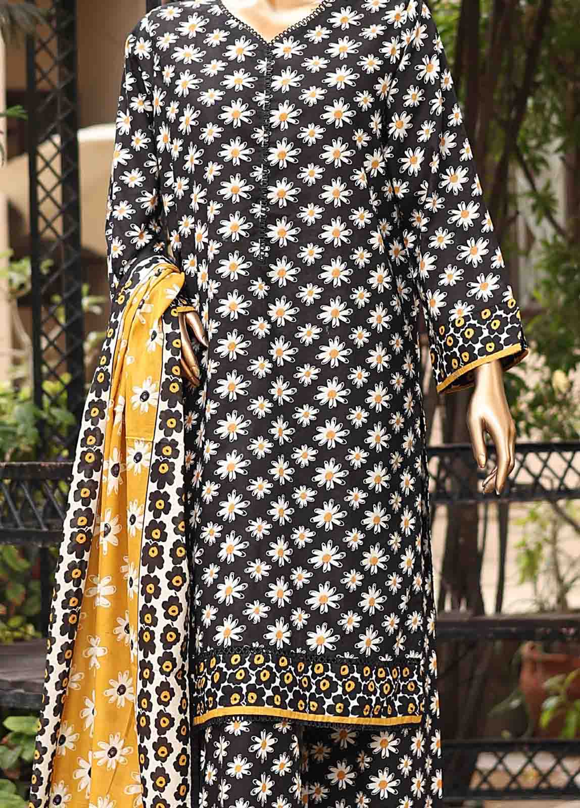 3 Piece Printed Black & White Color Lawn Stitched Suit with Printed Dupatta and Printed Trouser.