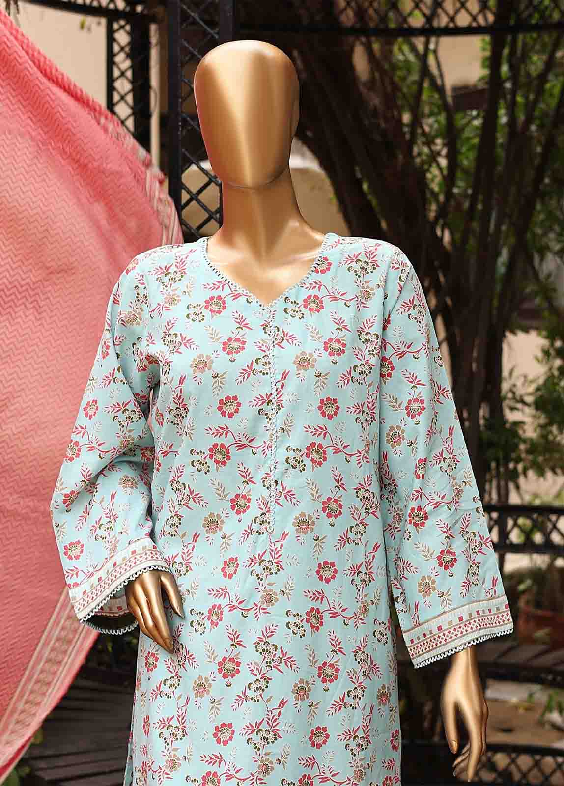 3 Piece Printed Light Blue Color Lawn Stitched Suit with Printed Dupatta and Plain Trouser.