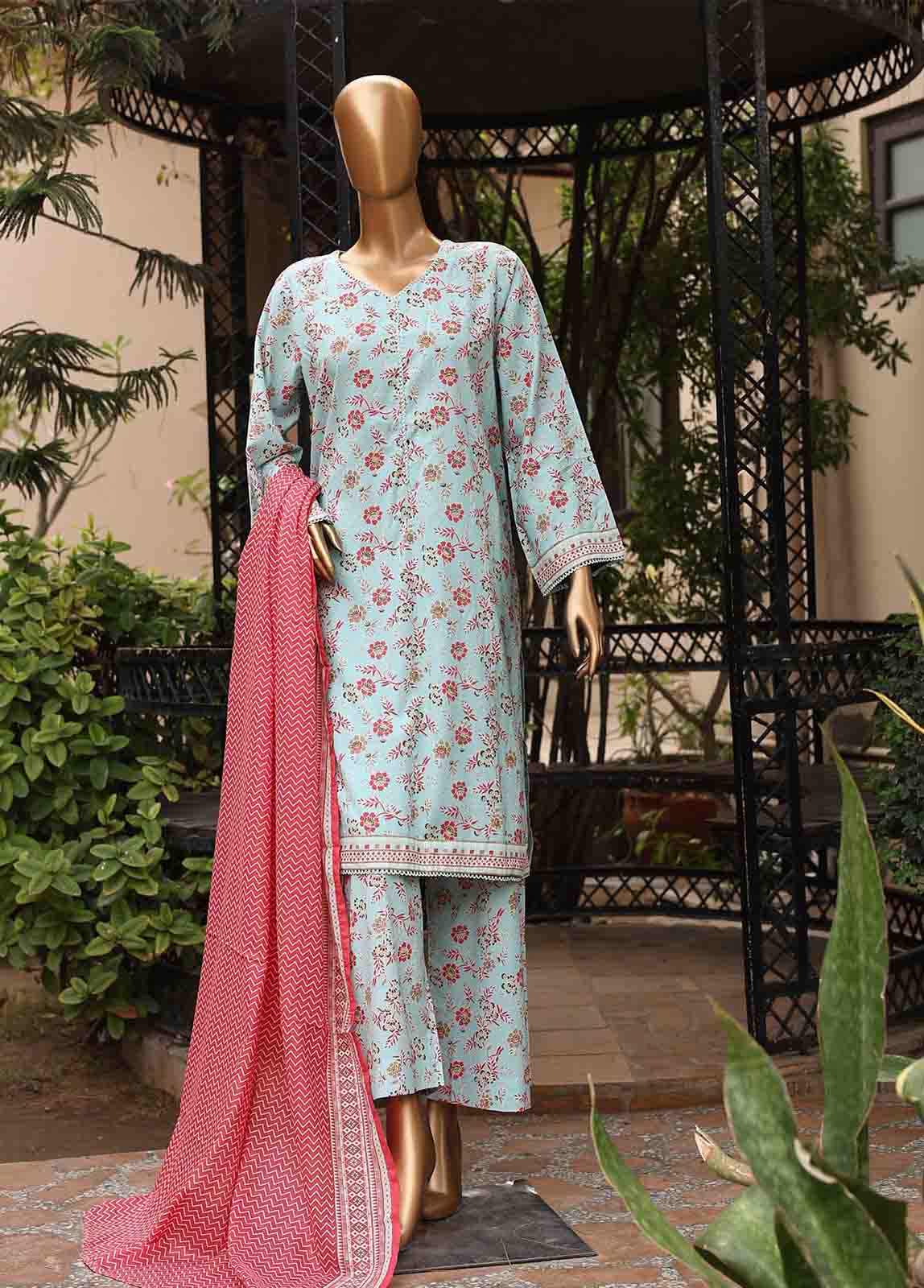 3 Piece Printed Light Blue Color Lawn Stitched Suit with Printed Dupatta and Plain Trouser.