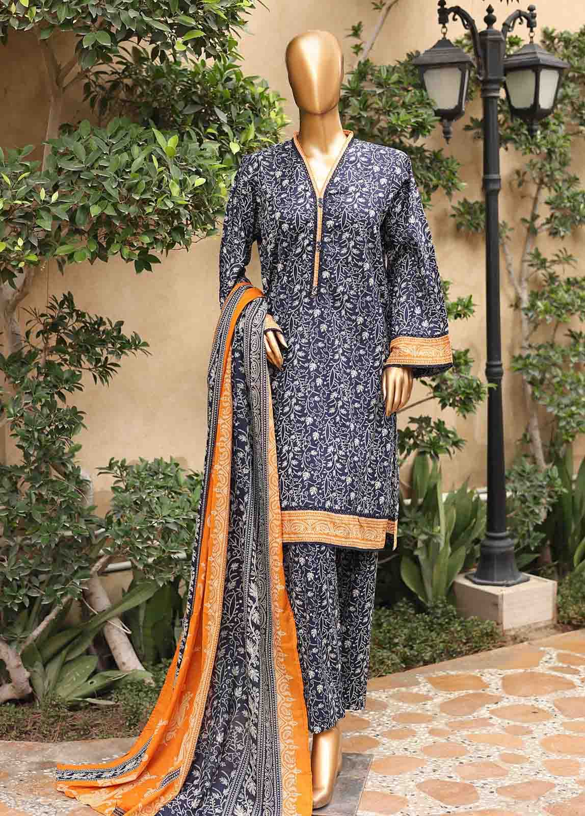 3 Piece Printed Navy Blue Color Lawn Stitched Suit with Printed Dupatta and Plain Trouser.