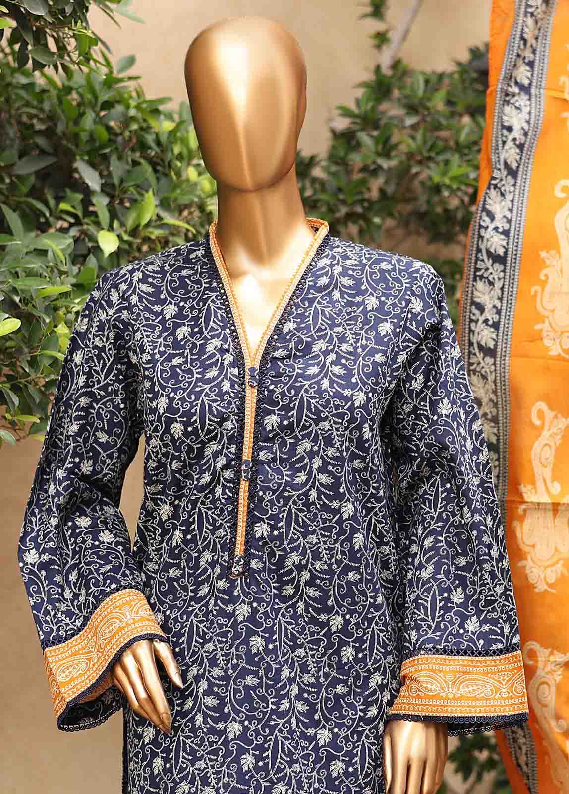 3 Piece Printed Navy Blue Color Lawn Stitched Suit with Printed Dupatta and Plain Trouser.