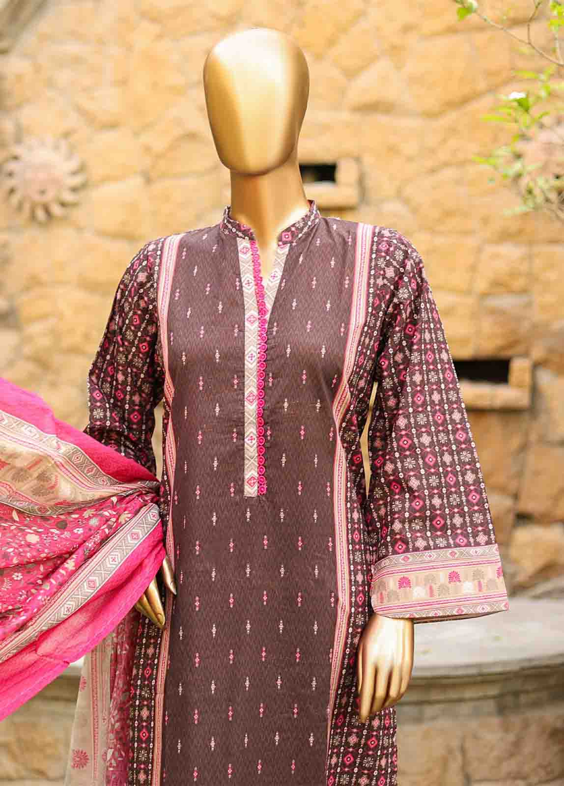 3 Piece Printed Brown Color Lawn Stitched Suit with Printed Dupatta and Plain Trouser.