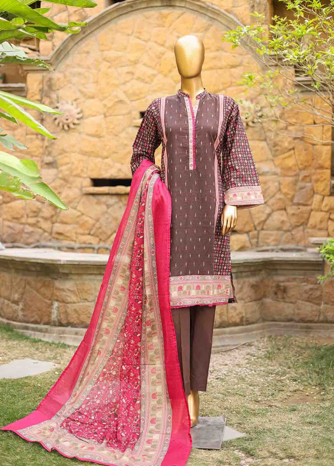 3 Piece Printed Brown Color Lawn Stitched Suit with Printed Dupatta and Plain Trouser.