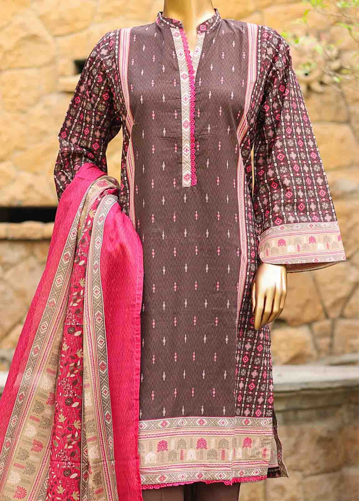 3 Piece Printed Brown Color Lawn Stitched Suit with Printed Dupatta and Plain Trouser.