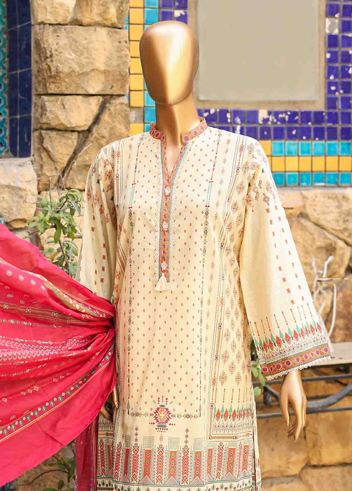 3 Piece Printed Fawn Color Lawn Stitched Suit with Printed Dupatta and Plain Trouser.