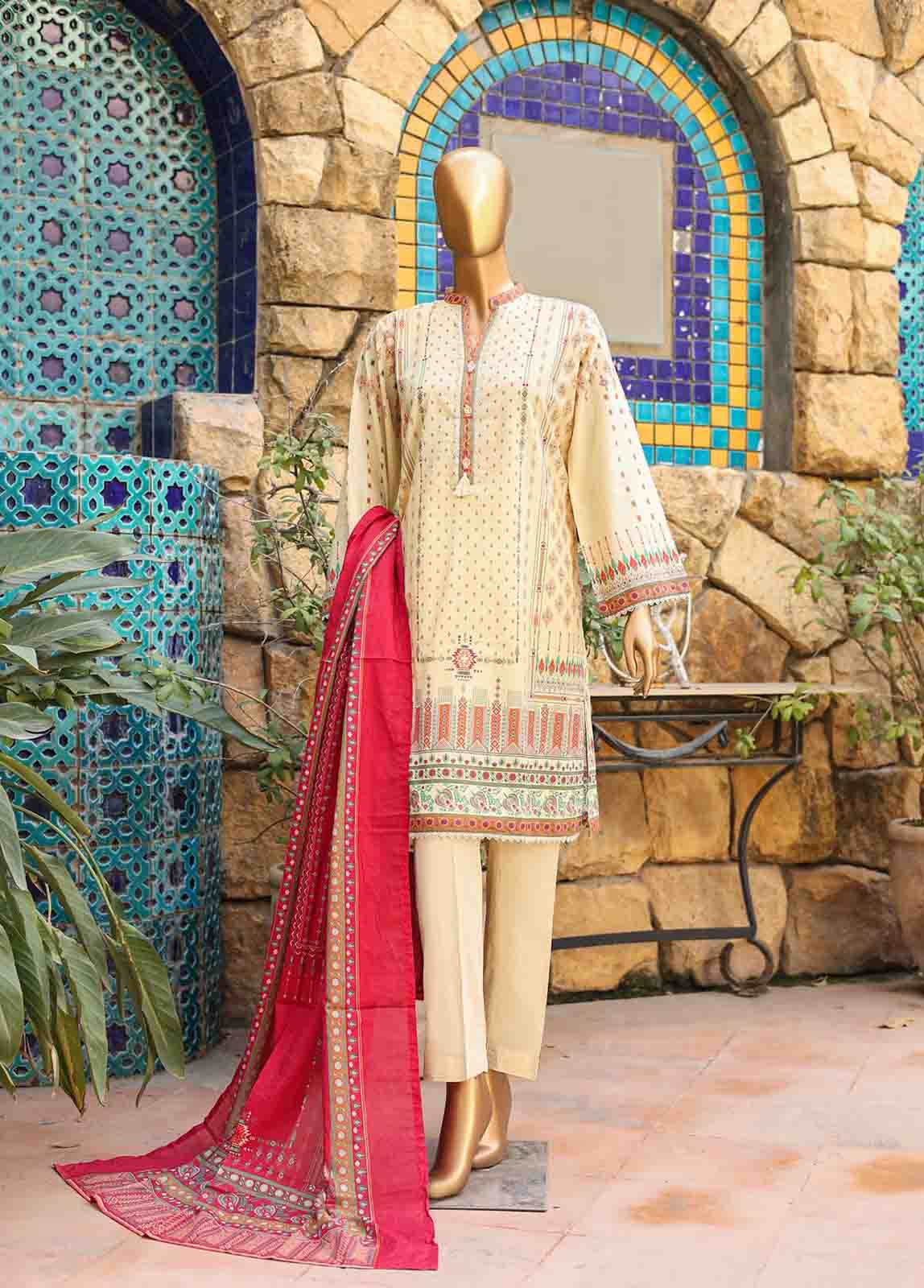 3 Piece Printed Fawn Color Lawn Stitched Suit with Printed Dupatta and Plain Trouser.