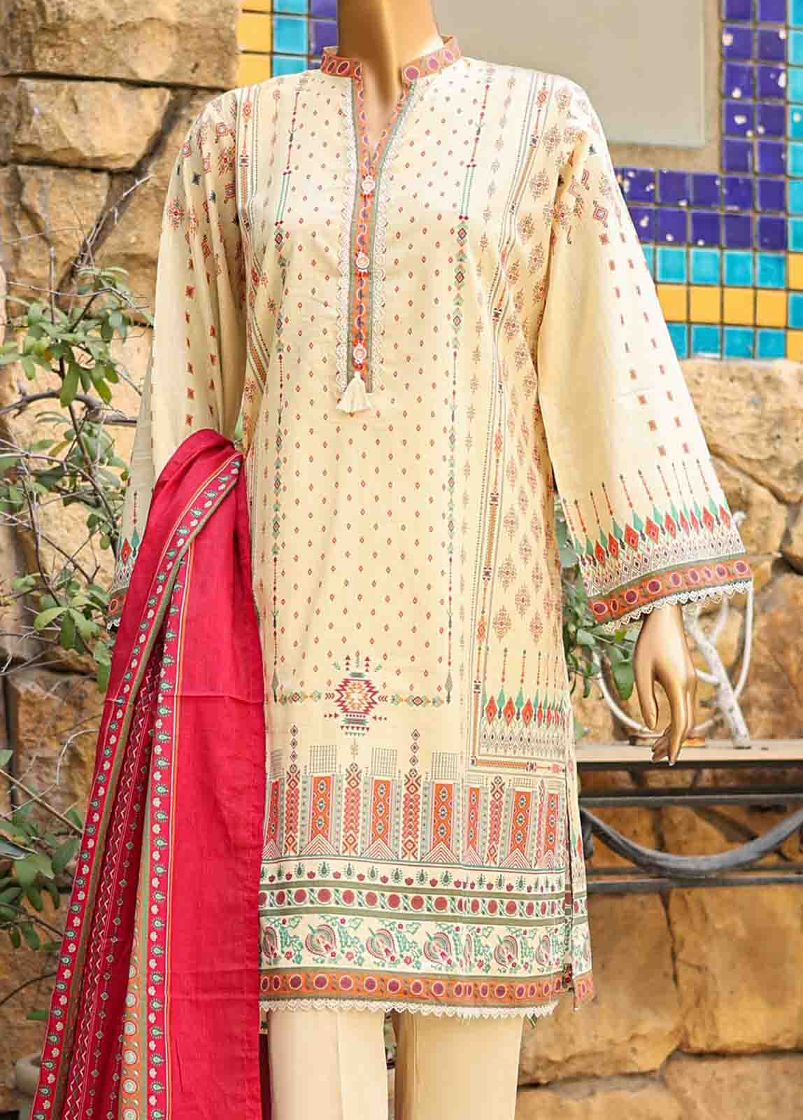 3 Piece Printed Fawn Color Lawn Stitched Suit with Printed Dupatta and Plain Trouser.