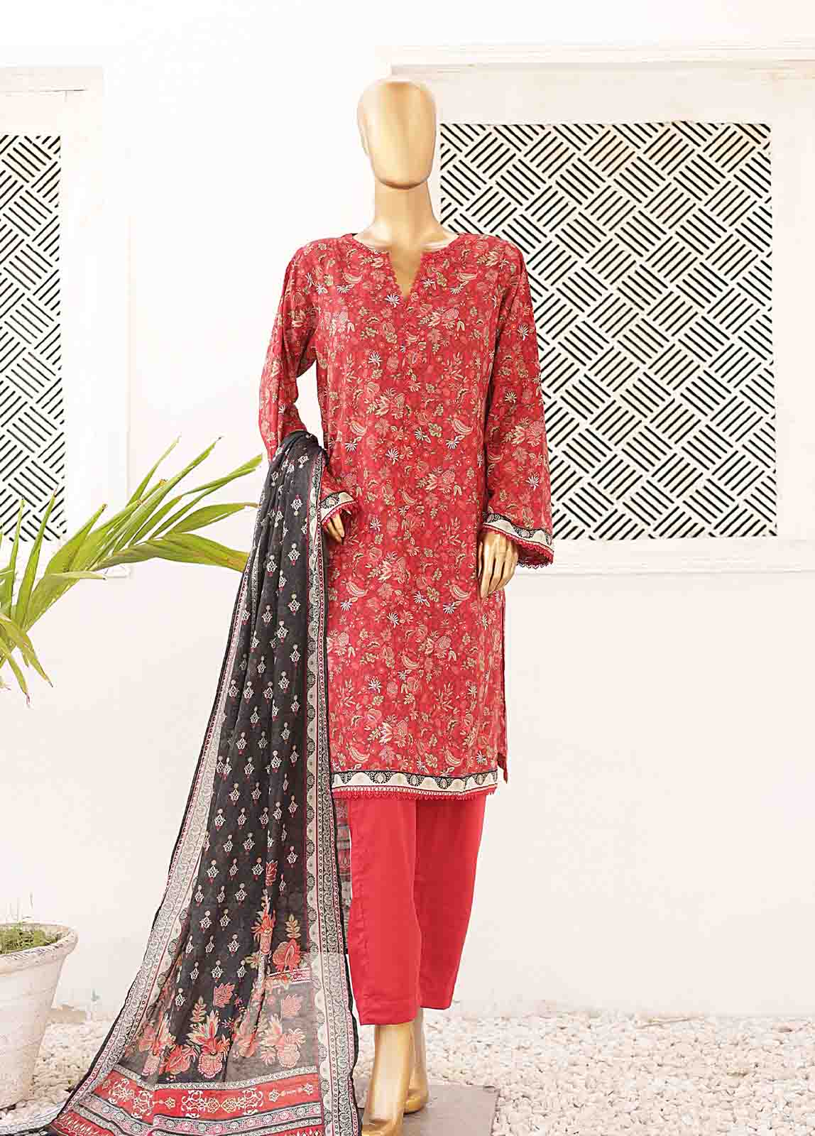 3 Piece Printed Red Color Lawn Stitched Suit with Printed Dupatta and Plain Trouser.