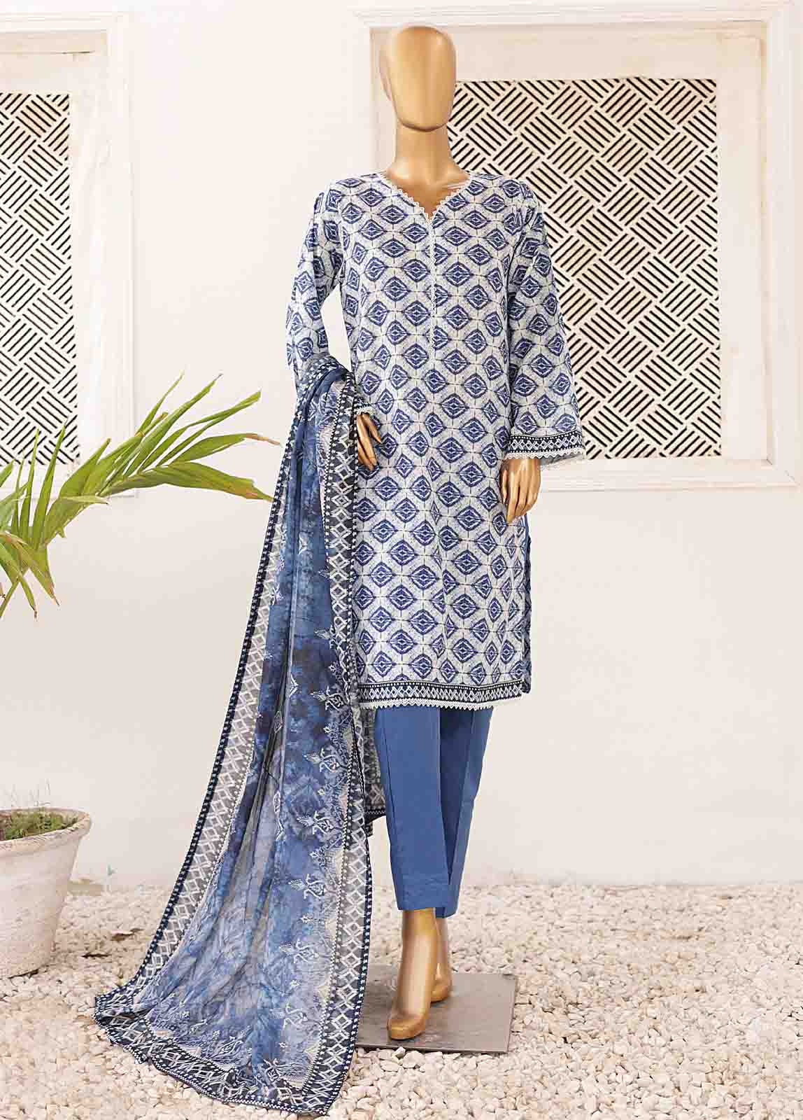 3 Piece Printed Blue & White Color Lawn Stitched Suit with Printed Dupatta and Plain Trouser.