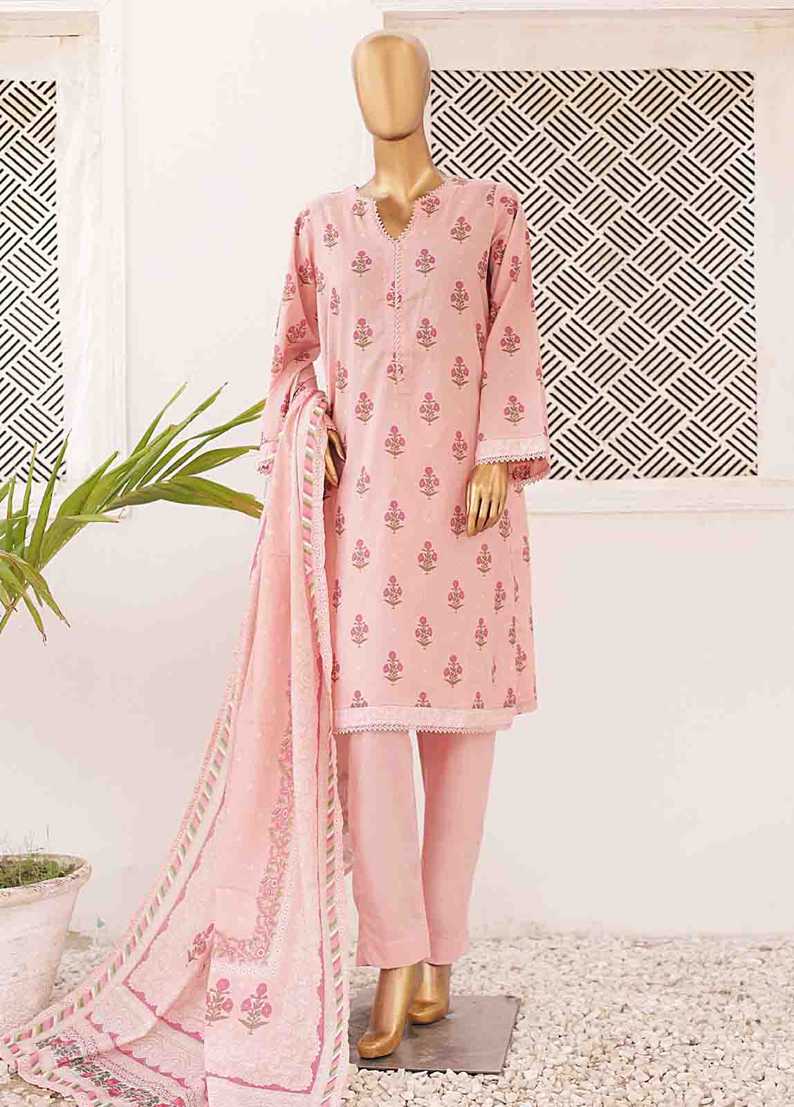 3 Piece Pastel Pink Color with Flower Lawn Stitched Suit with Printed Lawn Dupatta and Plain Trouser.