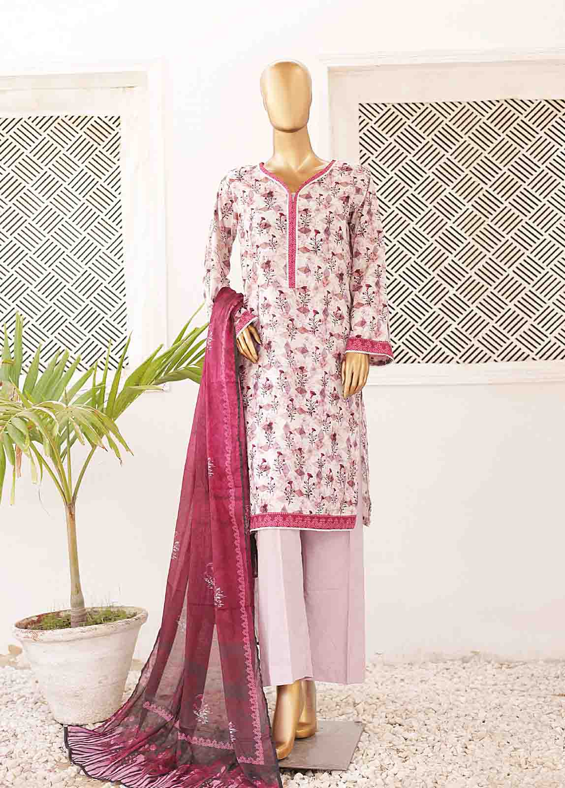 3 Piece Printed Pink & White Color Lawn Stitched Suit with Printed Dupatta and Plain Plazo Pants.