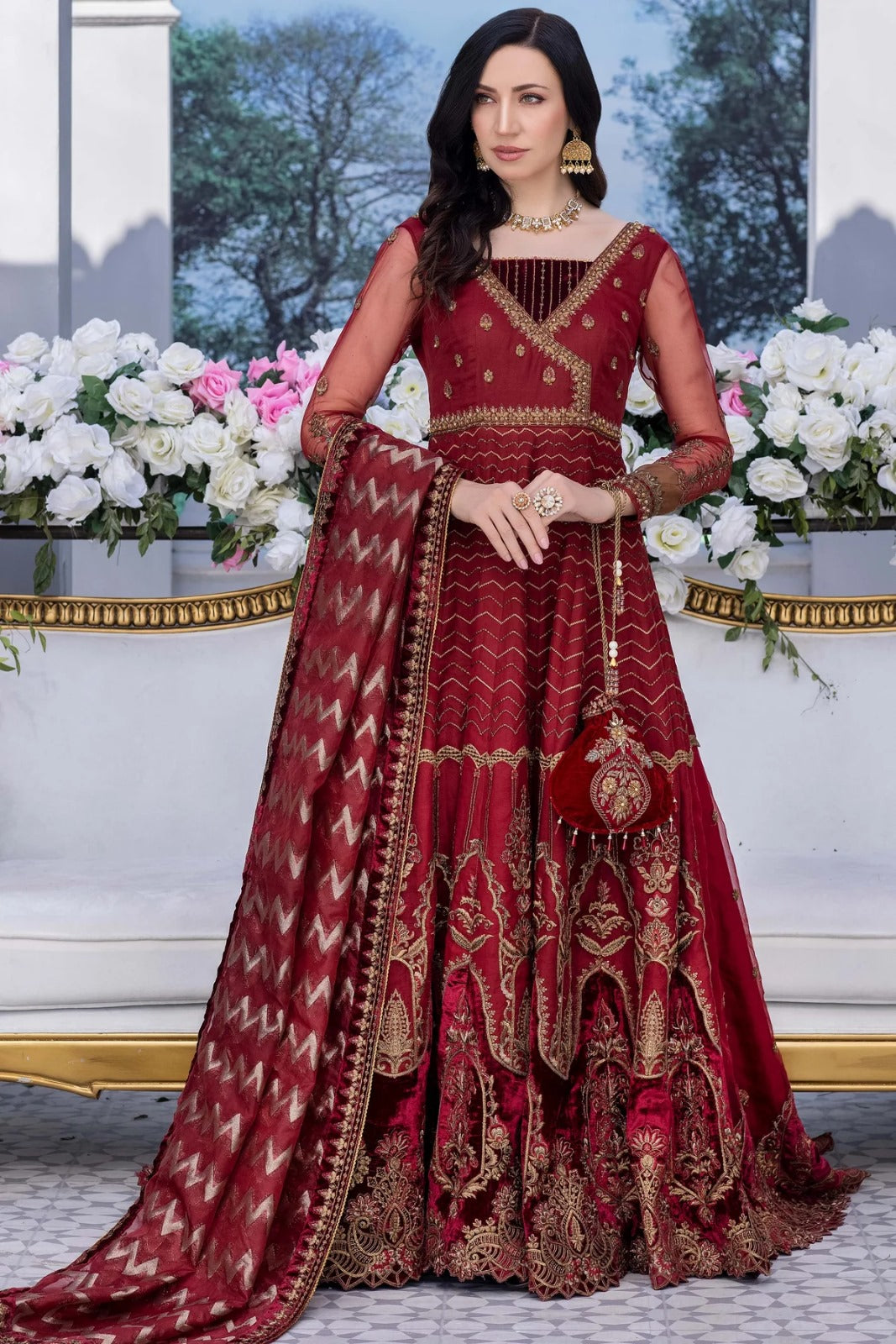 Amor Organza 2023 Handwork Embroidered Maroon Dress