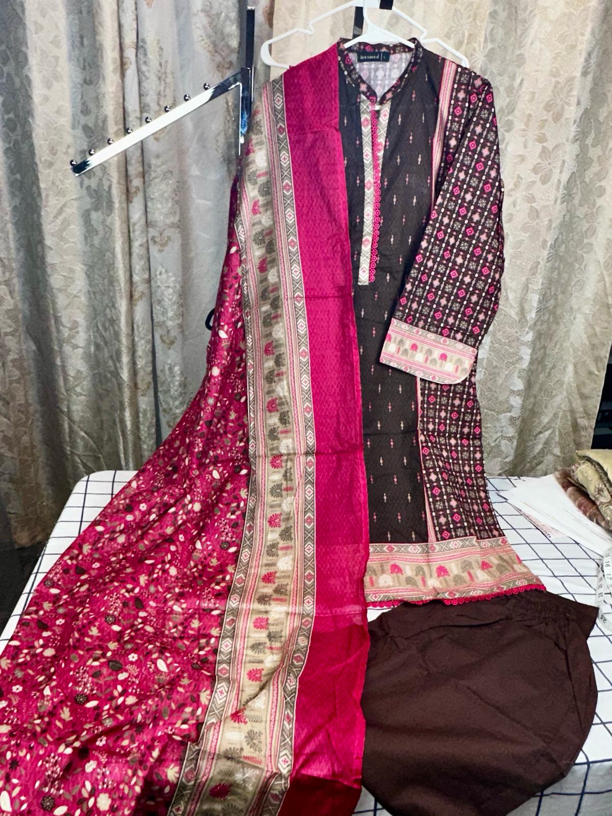 3 Piece Printed Brown Color Lawn Stitched Suit with Printed Dupatta and Plain Trouser.