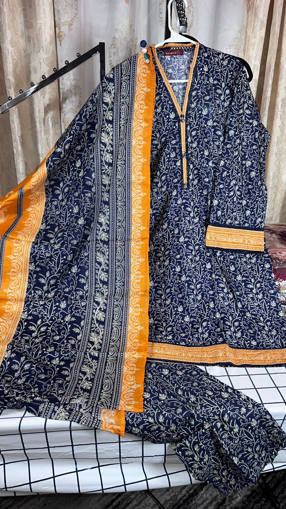 3 Piece Printed Navy Blue Color Lawn Stitched Suit with Printed Dupatta and Plain Trouser.