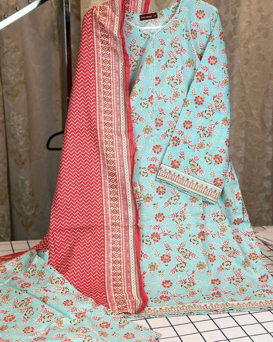 3 Piece Printed Light Blue Color Lawn Stitched Suit with Printed Dupatta and Plain Trouser.