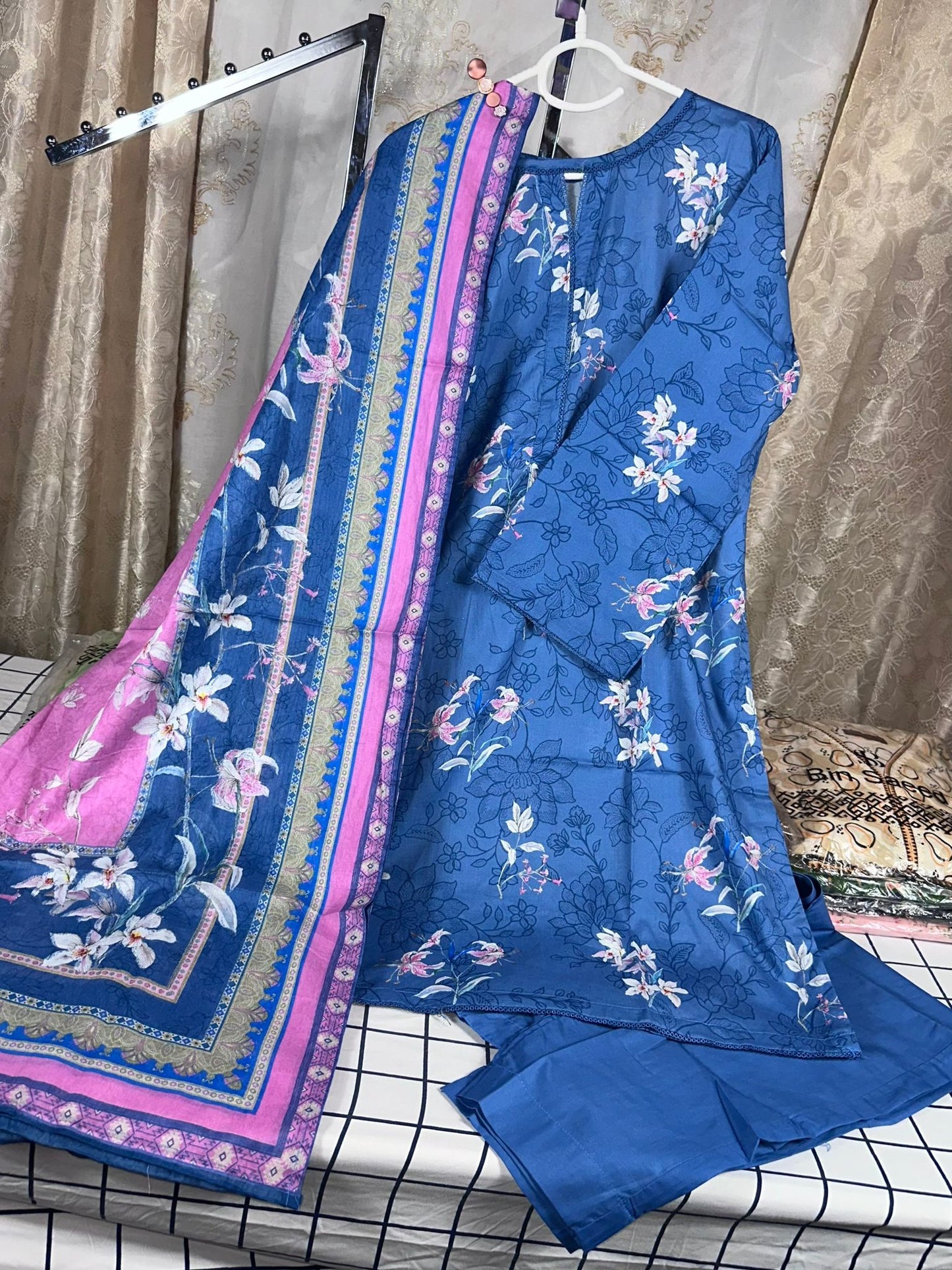 3 Piece Printed Deep Blue Color with Pink Flower Lawn Stitched Suit with Printed Lawn Dupatta and Plain Trouser.