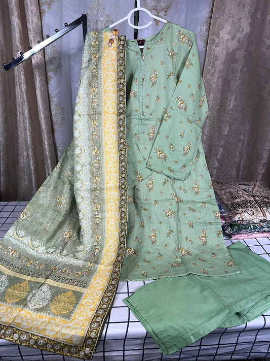 3 Piece Printed Pastel Green Color Lawn Stitched Suit with Printed Lawn Dupatta and Plain Trouser.