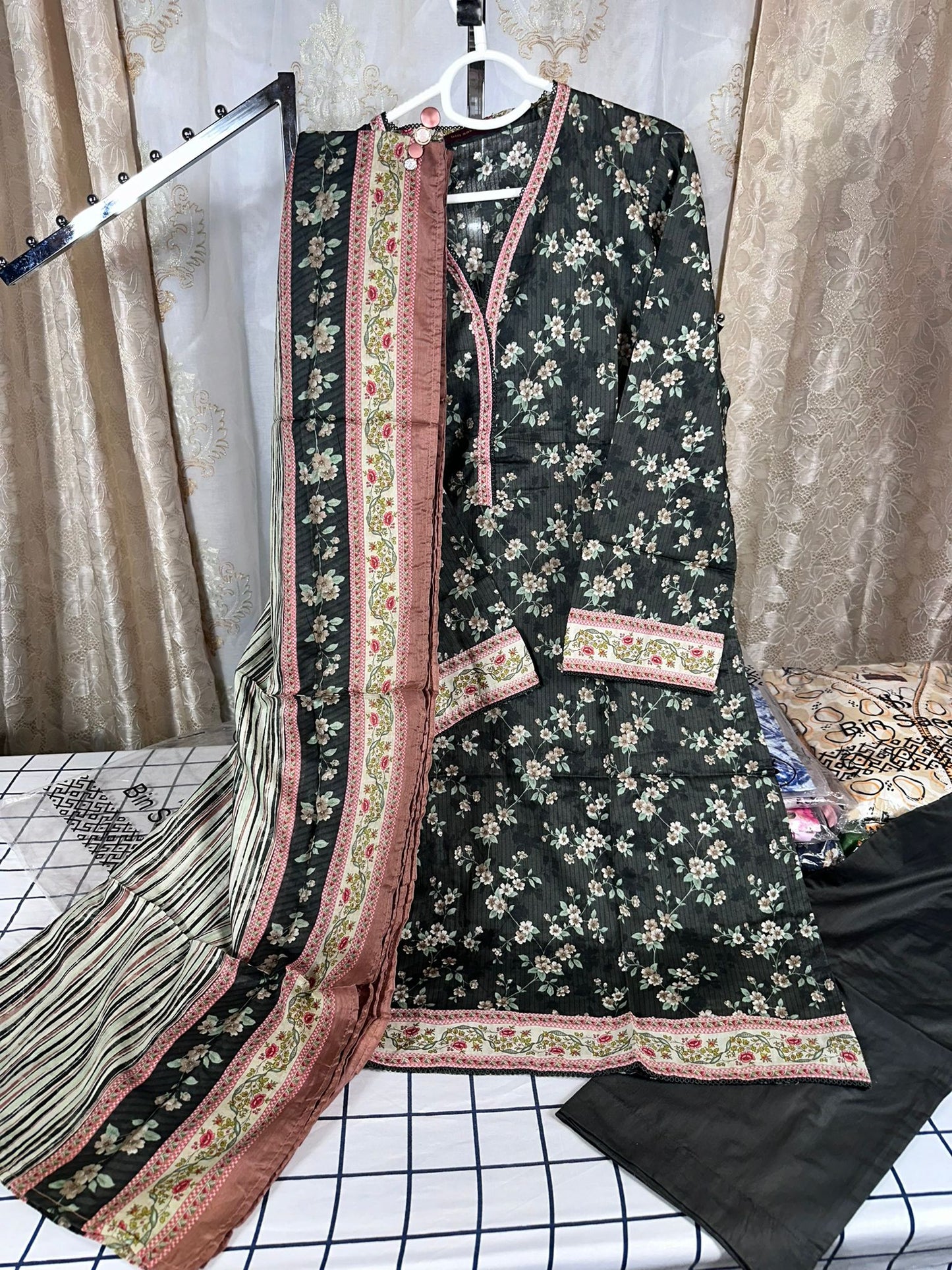 3 Piece Black Color with Multi Flower Lawn Stitched Suit with Printed Lawn Dupatta and Plain Trouser.