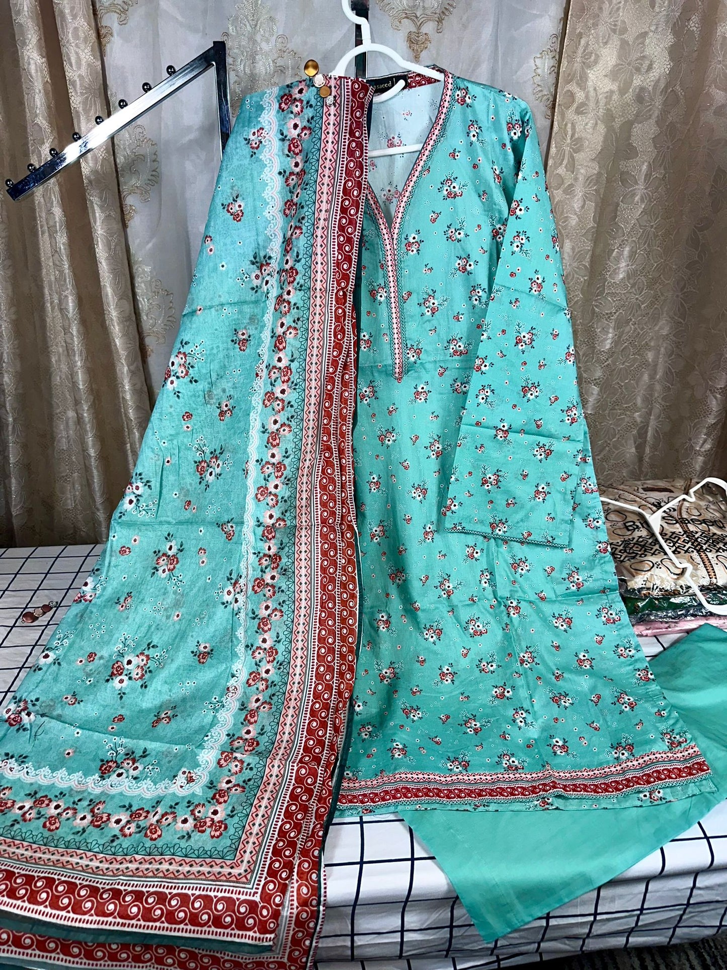 3 Piece Printed Aqua Blue Color Lawn Stitched Suit with Printed Lawn Dupatta and Plain Trouser.