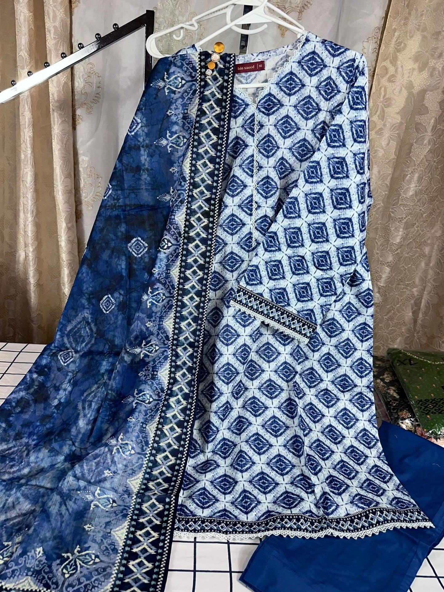 3 Piece Printed Blue & White Color Lawn Stitched Suit with Printed Dupatta and Plain Trouser.